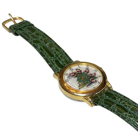 Christmas Tree Rotating Santas Watch Gold Tone Green Leather Hong Kong VTG… - Picture 2 of 6